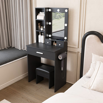 Vanity Table With Mirror, Adjustable LED Lights, Power Outlet, Hairdryer Holder & Stool