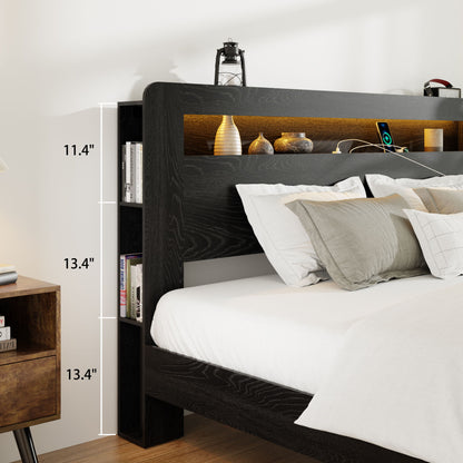 Wood Platform Bed Frame With Storage LED Light Headboard & USB