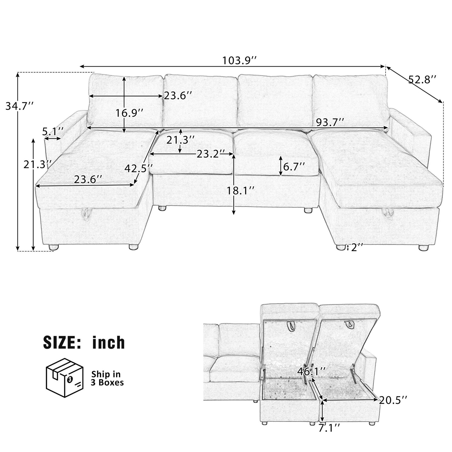 Convertible Sectional Sofa With Storage Chaise Lounges And USB Ports