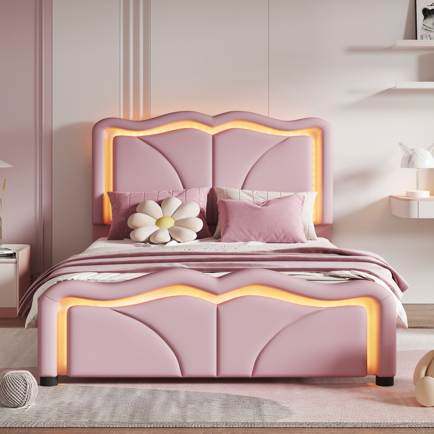 Upholstered Platform Bed & Curve Shaped And Height Adjustable Headboard, LED Light Strips