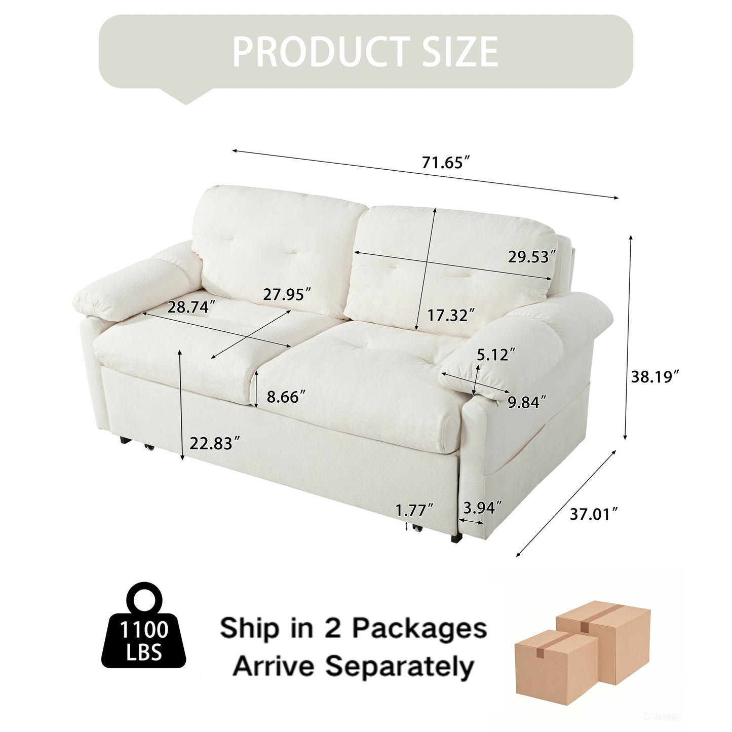 Convertible Pull Out Sofa Bed Queen Size, 3 In 1 With Side Storage
