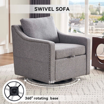 Linen Fabric 360° Swivel Accent Chair With Upholstered Back Pillow And Rivet Armrest
