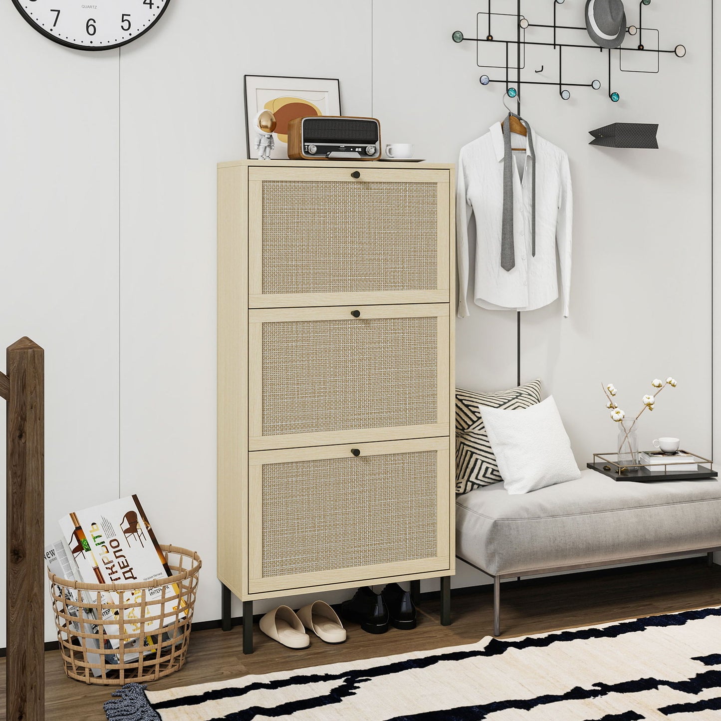 Modern Rattan 3 Door Shoe Rack Cabinet For Entryway