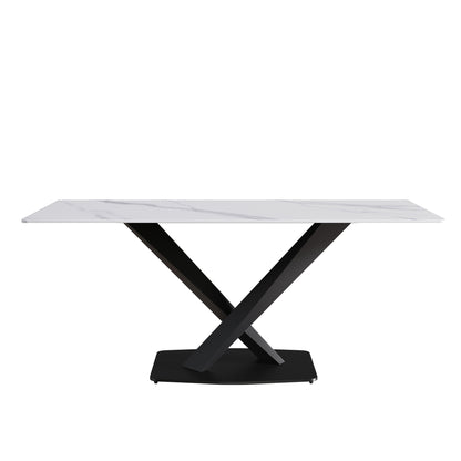 Modern Artificial Stone Straight Edge Metal X Leg Dining Table, 6 People
