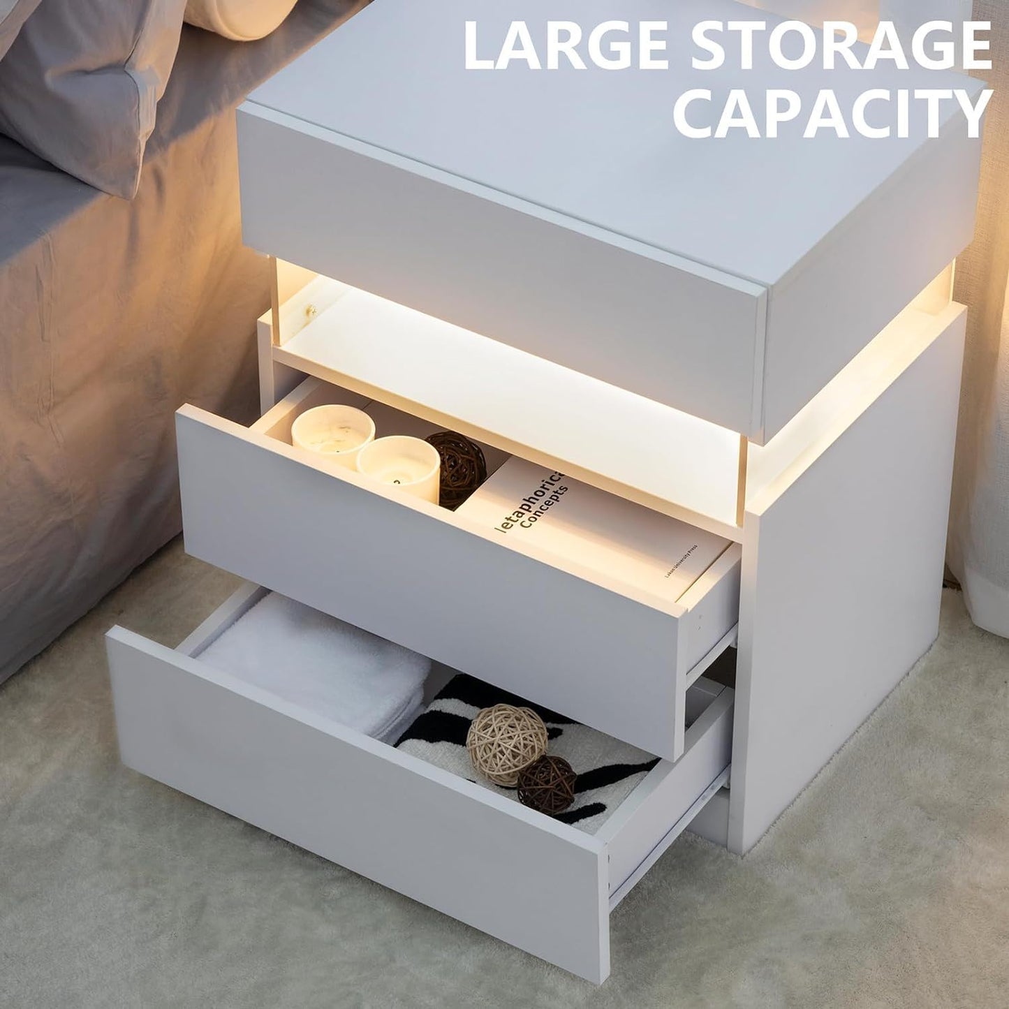 LED Nightstands, 3 Drawer For Bedroom