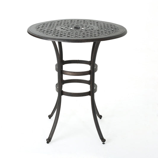 Traditional Style Cast Aluminum Bar Table With Lattice Design And Umbrella Holder - Bronze