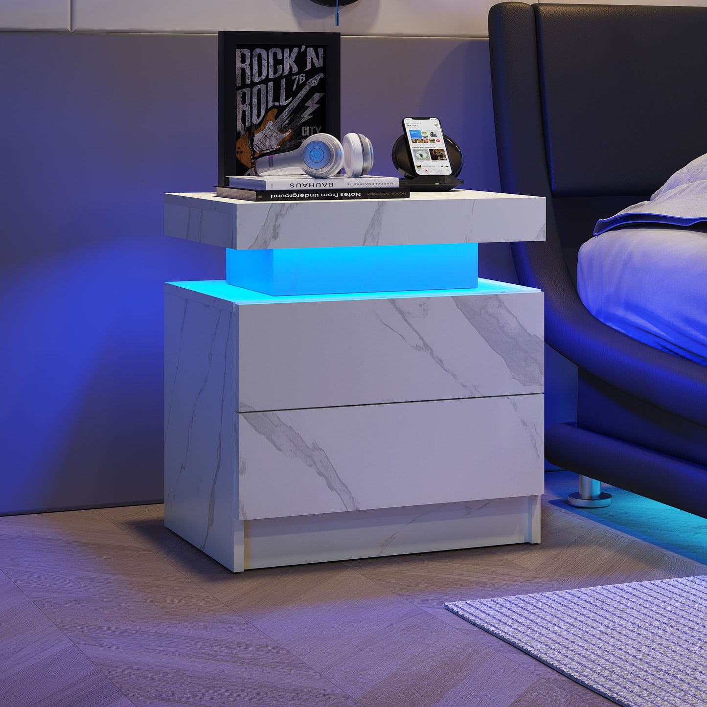 Nightstand LED, Bedside Table Cabinet With 2 Drawers For Bedroom