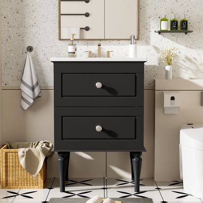 Bathroom Vanity Cabinet With Ceramic Sink Combo Set, Frame Modern Bathroom Storage Cabinet With 2 Drawers - Black