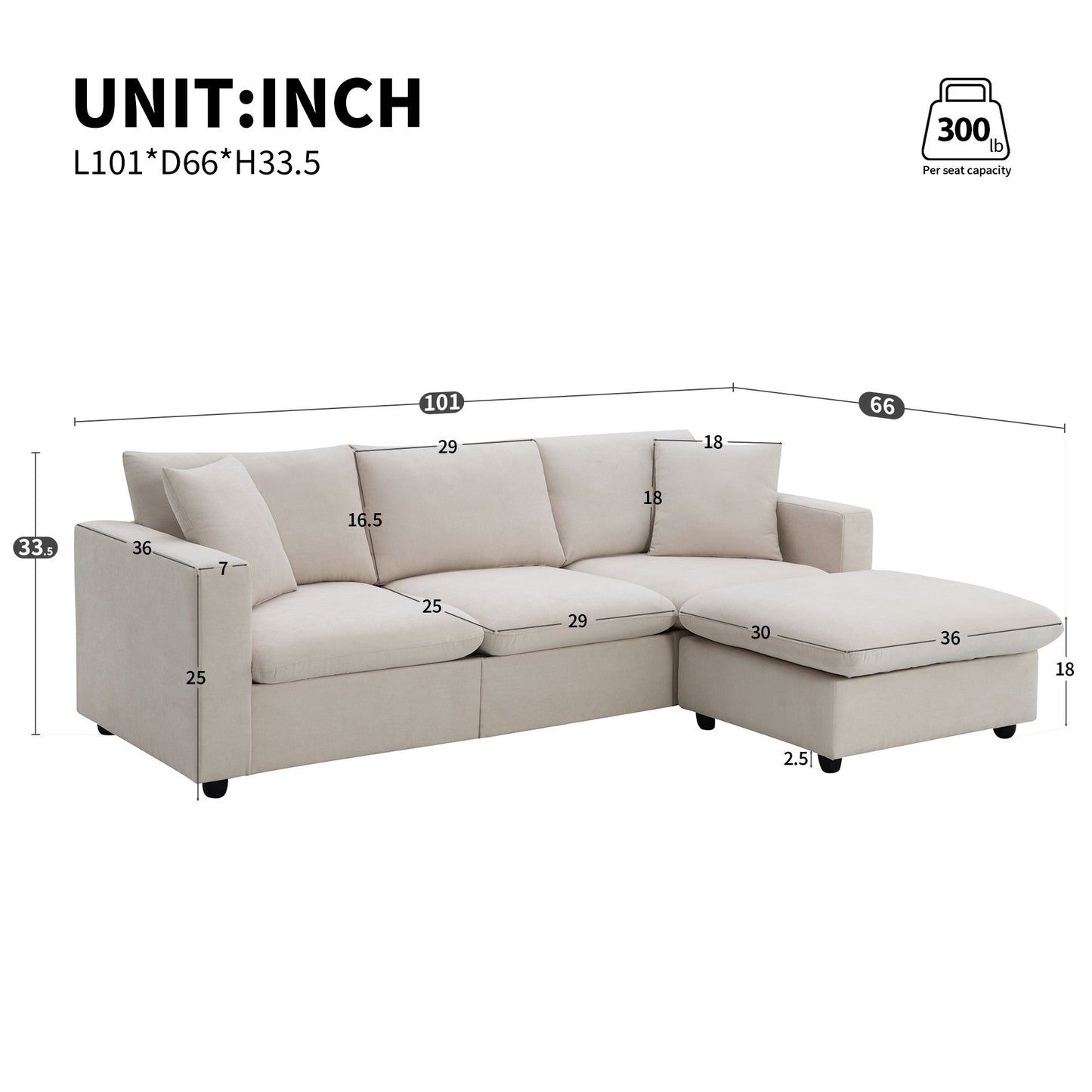 Modern Sectional Sofa With Throw Pillows, Cloud L Shaped Couch Set With Wide 4 Seat Comfy Couch Set With Movable Ottoman