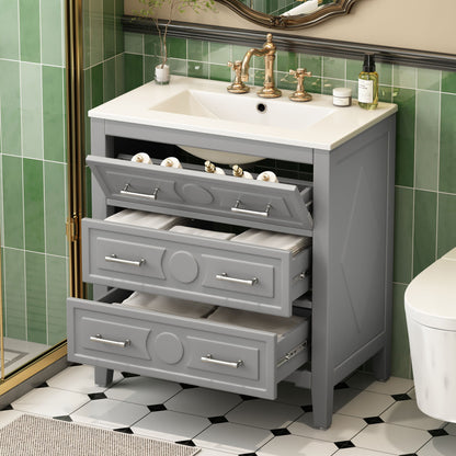 Bathroom Vanity With Sink, Free Standing Single Set With 3 Drawers, Storage Cabinet - Gray