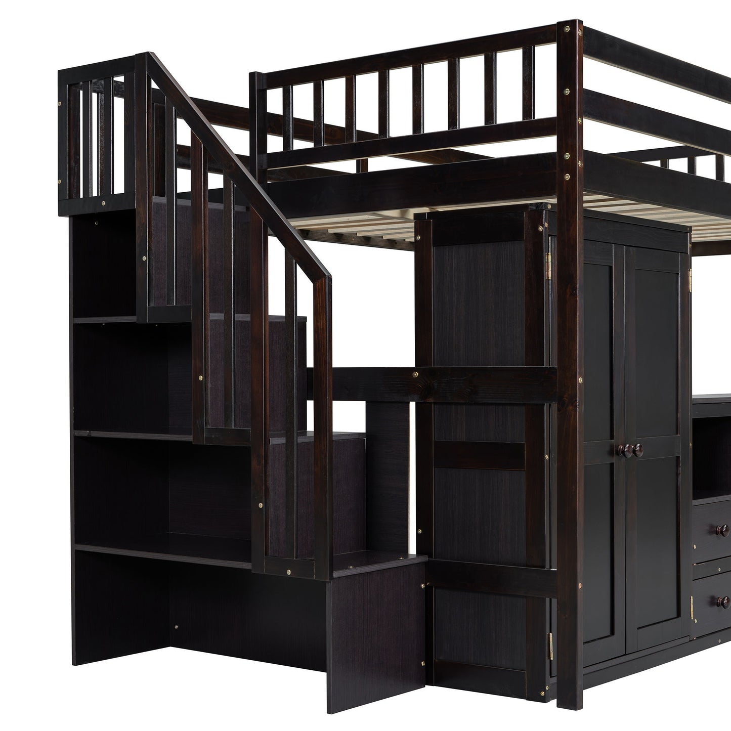 Loft Bed With Stairs, Bookshelf, Drawers, Desk & Wardrobe, Space Saving Multifunctional Furniture