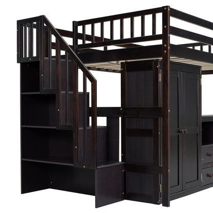 Loft Bed With Stairs, Bookshelf, Drawers, Desk & Wardrobe, Space Saving Multifunctional Furniture