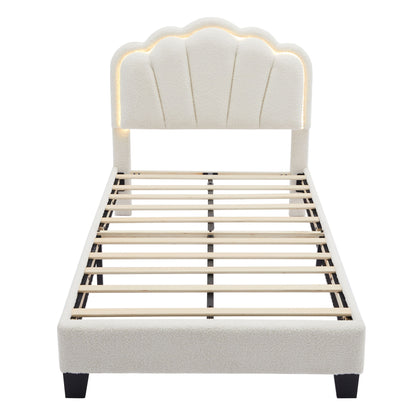 Upholstered Elegant Flowers Headboard With LED Light Strip, Platform Bed With Slats Support
