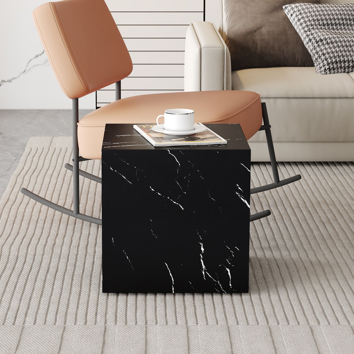 Luxurious Marble Texture Coffee Table Cube Design Elegant Living Room Accent - Black
