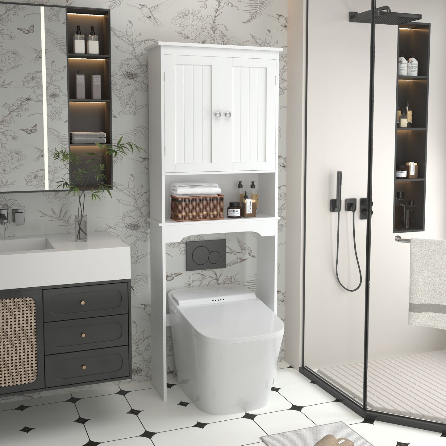 Over The Toilet Storage Cabinet, Bathroom Space Saver With Adjustable Shelf - White