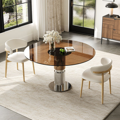 Round Glass Dining Table With Stainless Steel Legs And Chairs