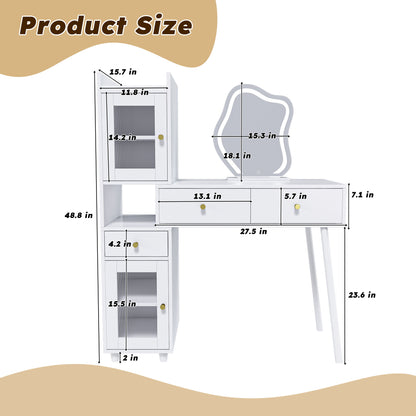 Vanity Dressing Table With LED Mirror & Storage Makeup Desk With 3 Drawers, 2 Open Shelves & 4 Hidden Cabinets - White