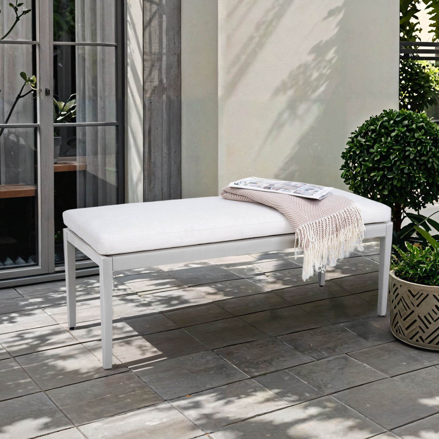 Outdoor Patio Stationary Bench With Sunbrella Fabric Cushion - Grayish