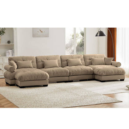 Modern Sectional Sofa With Ottoman, Round Bolster Armrests, Waist And Throw Pillows