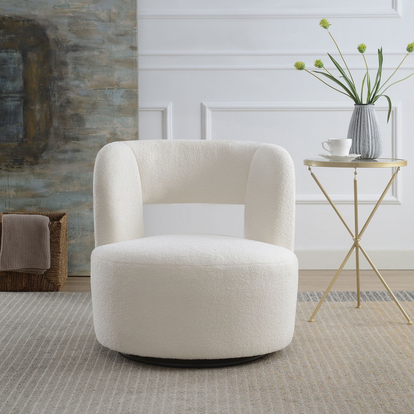Swivel Comfy Round Barrel Chair With Soft Teddy Fabric For Living Room