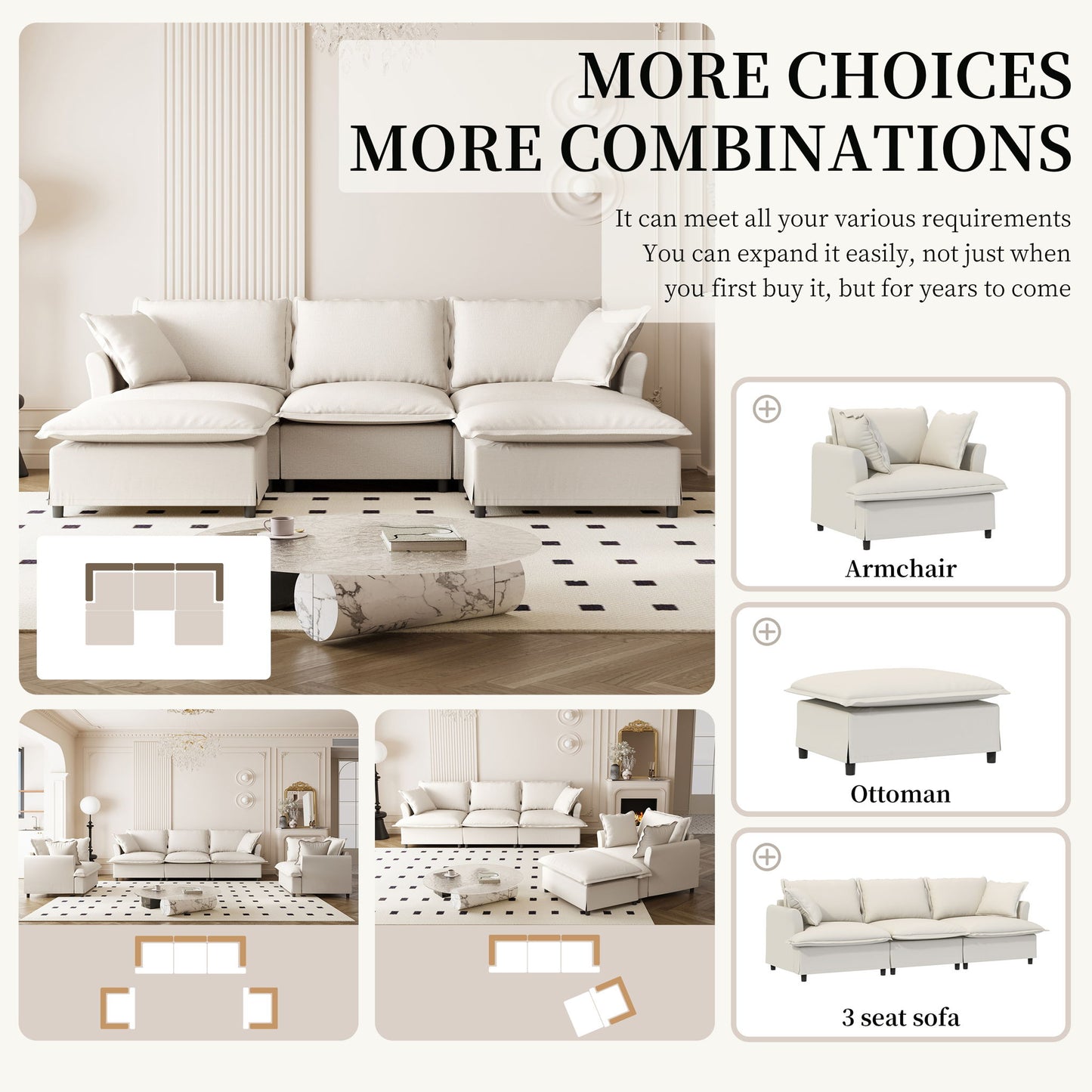 Sectional Sofa With Ottoman Cloud Couch Set With Throw Pillows, Free Combination