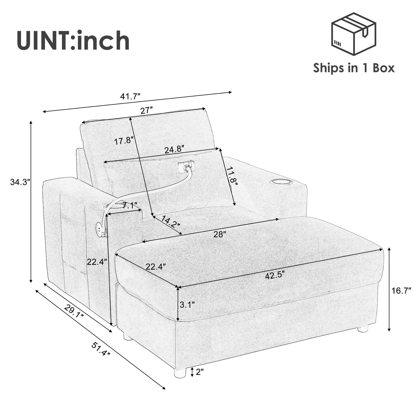 Modern Style Armchair Chaise Lounge Sofa Couch With Movable Storage Ottoman, USB Ports, Cup Holders, Phone Holder, Side Pockets