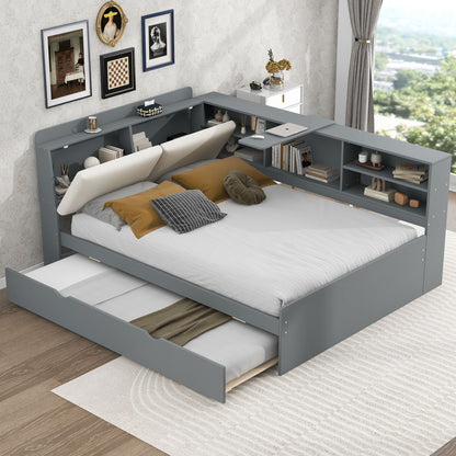 Platform Bed With Trundle, Shelves, And Storage Headboard