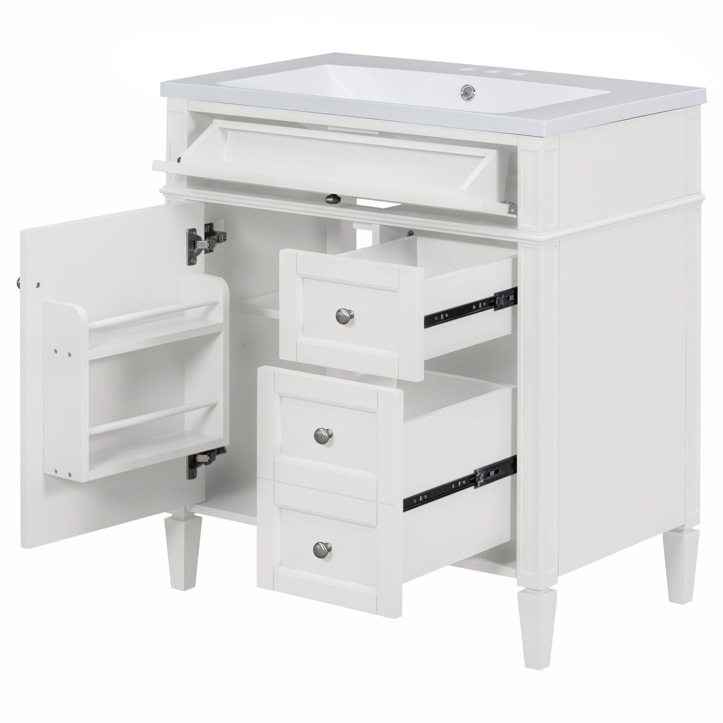 Bathroom Vanity With Top Sink, Storage Cabinet With 2 Drawers And Tip Out Drawer, Freestanding Set With Mirror Cabinet