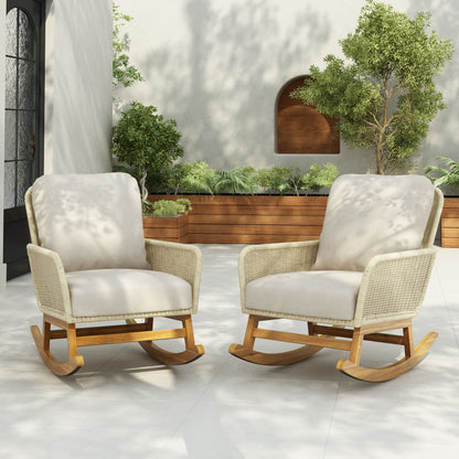 Contemporary Minimalist Wicker Rocking Chair Set With Soft Polyester Cushions And Durable Wooden Frame For Indoor And Outdoor Spaces - Ivory
