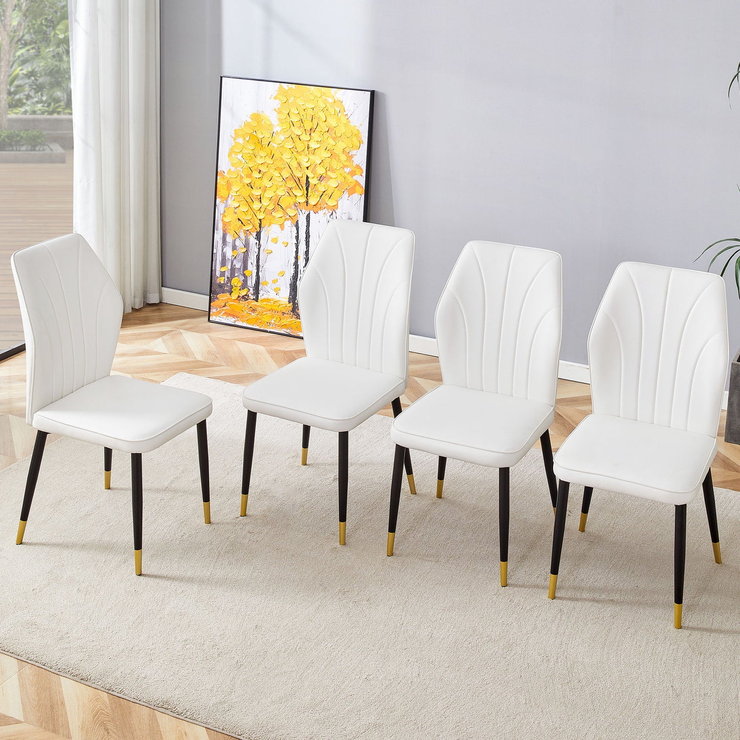 4 Modern Dining Chairs With Stylish Patterned Backrest And Metal Legs