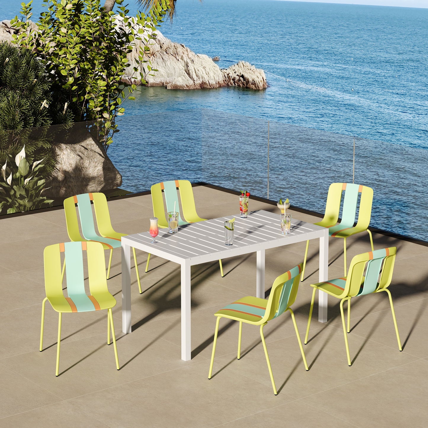 4 Piece Set Of Modern Striped Color- Blocking Single Chairs With Long Table
