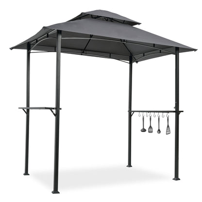 Outdoor Grill Gazebo With Double Tier Soft Top Canopy, Steel Frame, Bar Counters & Hook