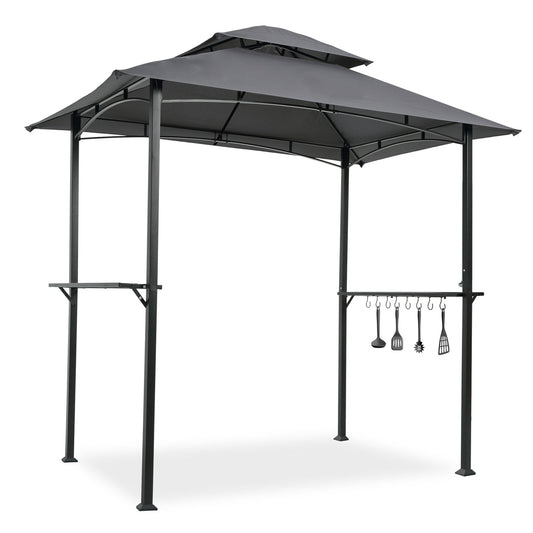 Outdoor Grill Gazebo With Double Tier Soft Top Canopy, Steel Frame, Bar Counters & Hook