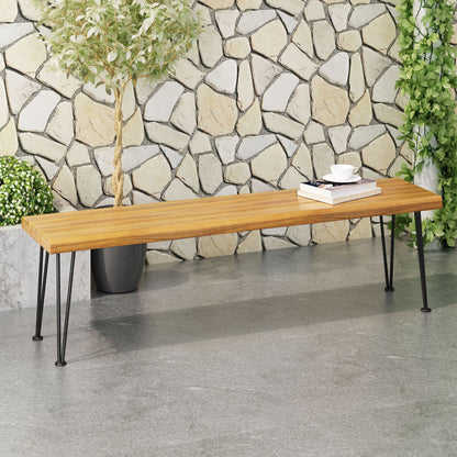 Zion - Industrial Wood And Metal Rectangular Bench With Faux Live Edge Design - Teak