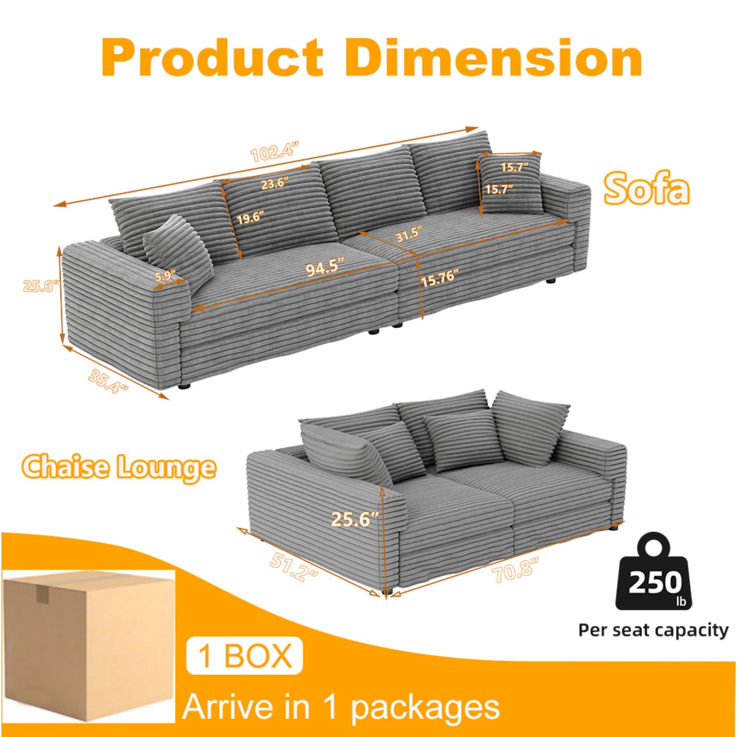 Plush Corduroy 4 Seat Sofa, Modern Comfy Upholstered Sofa Cloud Couch, Deep Seat Couches With Soft Pillows