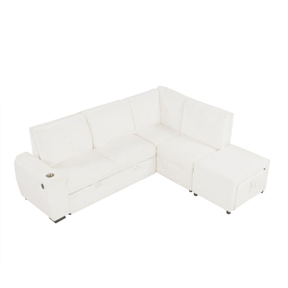 Pull-Out L-Shaped Sectional Sofa With Movable Ottoman And Stool, Large Storage Space, A Cup Holder, And 2 USB Ports For Living Room