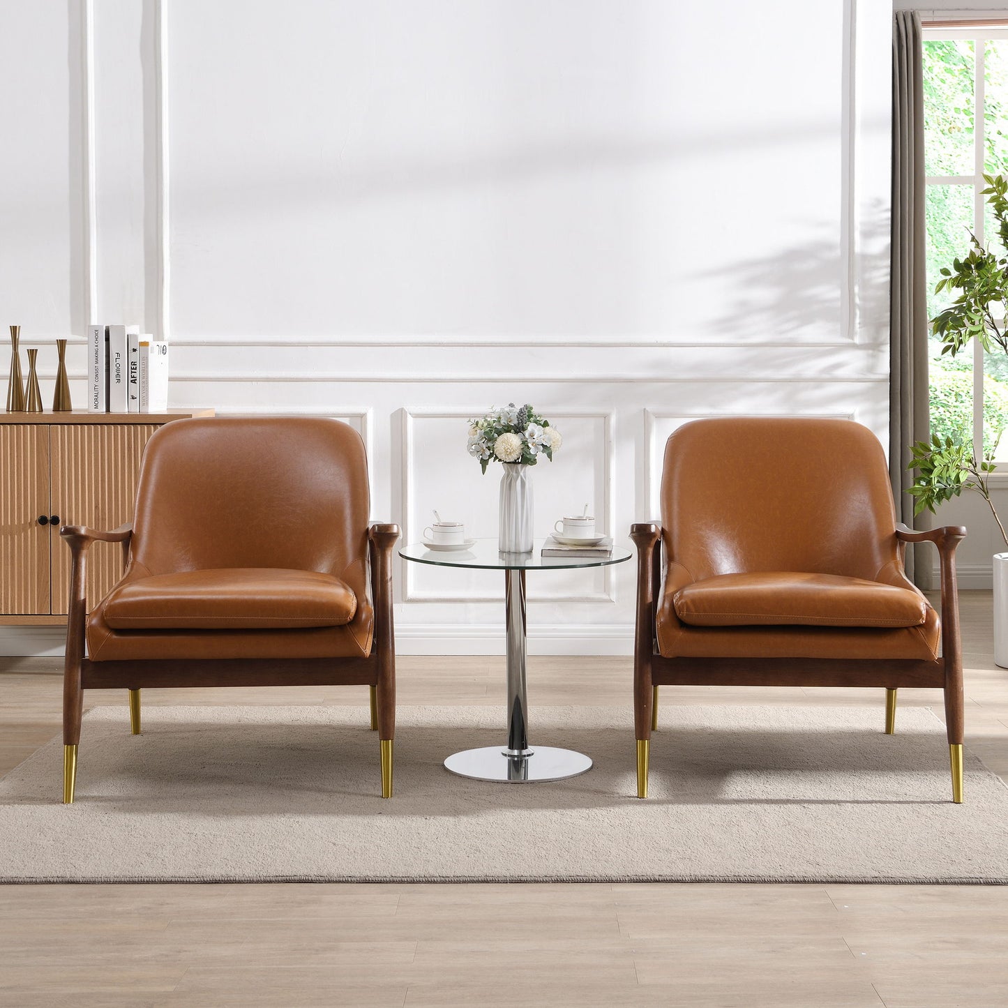 Mid - Century Accent Chair With Cushioned Seat, Brass Tipped Legs