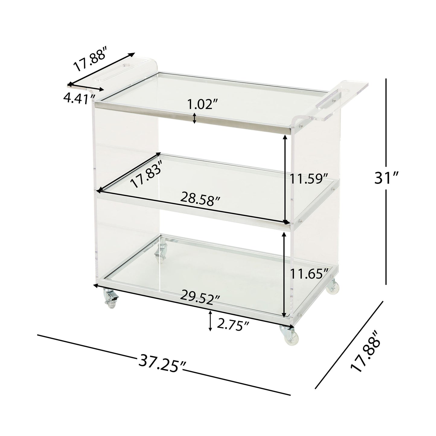 Elegant Acrylic Bar Cart With Tempered Glass Shelves And Rattan Metal Frame - Clear