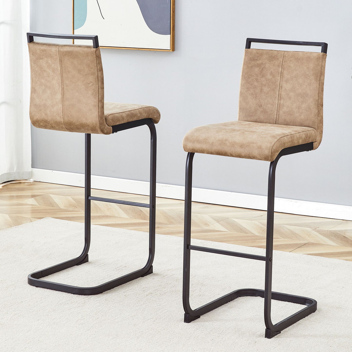 Modern Tech Fabric Bar Stool (Set of 2) With Metal Legs 42.5" Tall For Home Bar & Restaurant - Black / Brown