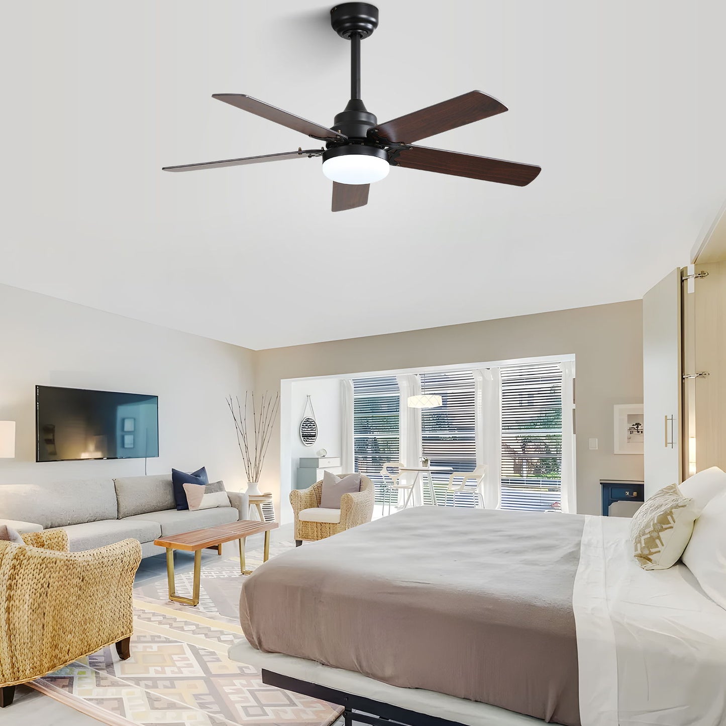 Low Profile Ceiling Fan With Reversible DC Motor, Remote Control, LED Light - Black