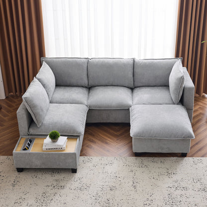 U-Shaped Sectional Modular Sofa With A Movable Ottoman, A Coffee Table With Hidden Charging Devices For Living Room