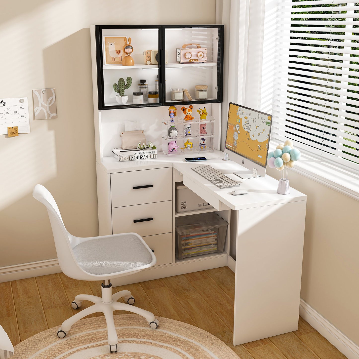 L-Shaped Computer Desk With Glass Cabinets, Built In LED Lights, USB Charging Ports
