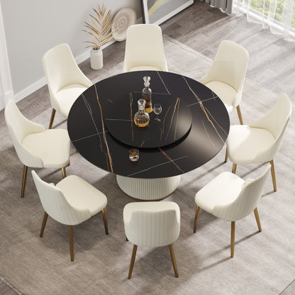 Modern Artificial Stone Round Plywood Base Dining Table, Can Accommodate 8 People Artificial Stone Turntable (Not Including Chairs) - Black / Beige