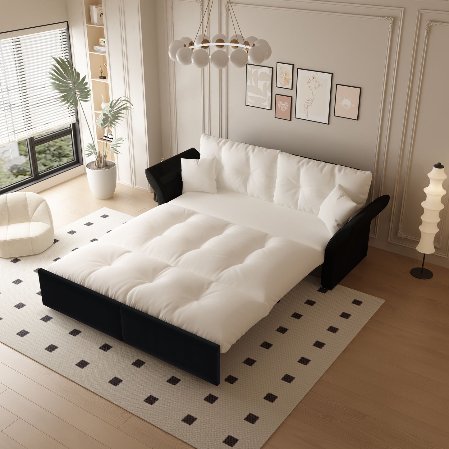 Queen Pull Out, 3 In 1 Convertible Sleeper Tufted Sofa & 2 Soft Pillows