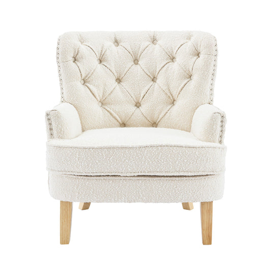 Vintage Style Club Chair, Granular Plush Fabric, Rubber Wood Legs - Almond