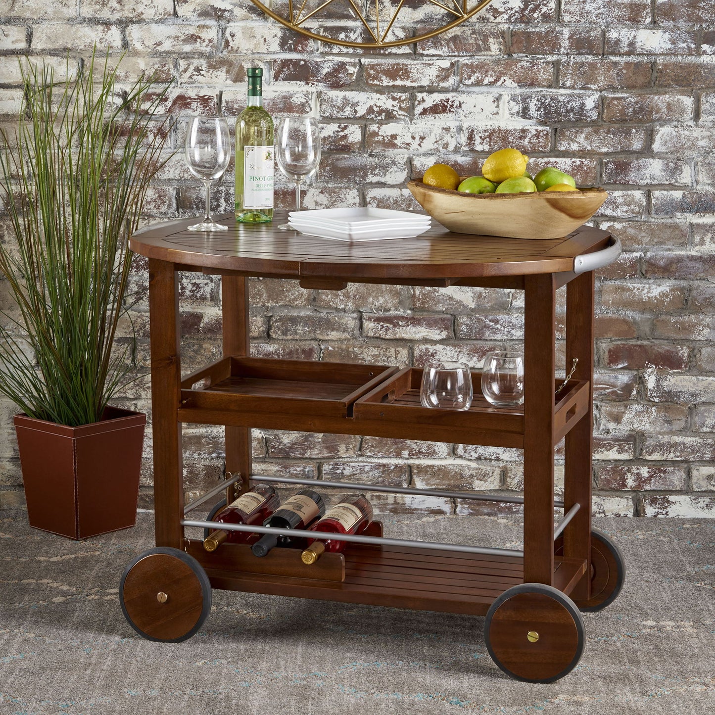 Wood And Aluminum Bar Cart With 2 Shelves - Oak / Silver