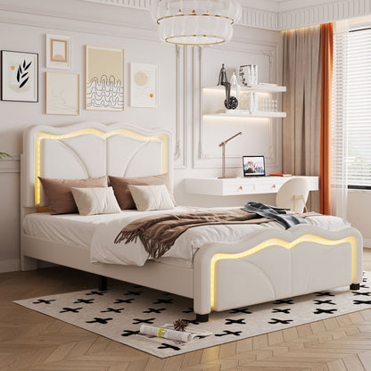 Upholstered Platform Bed & Curve Shaped And Height Adjustable Headboard, LED Light Strips