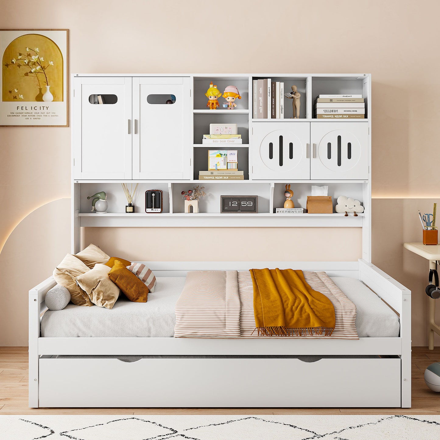 Daybed With All-In-One Cabinet And Shelf