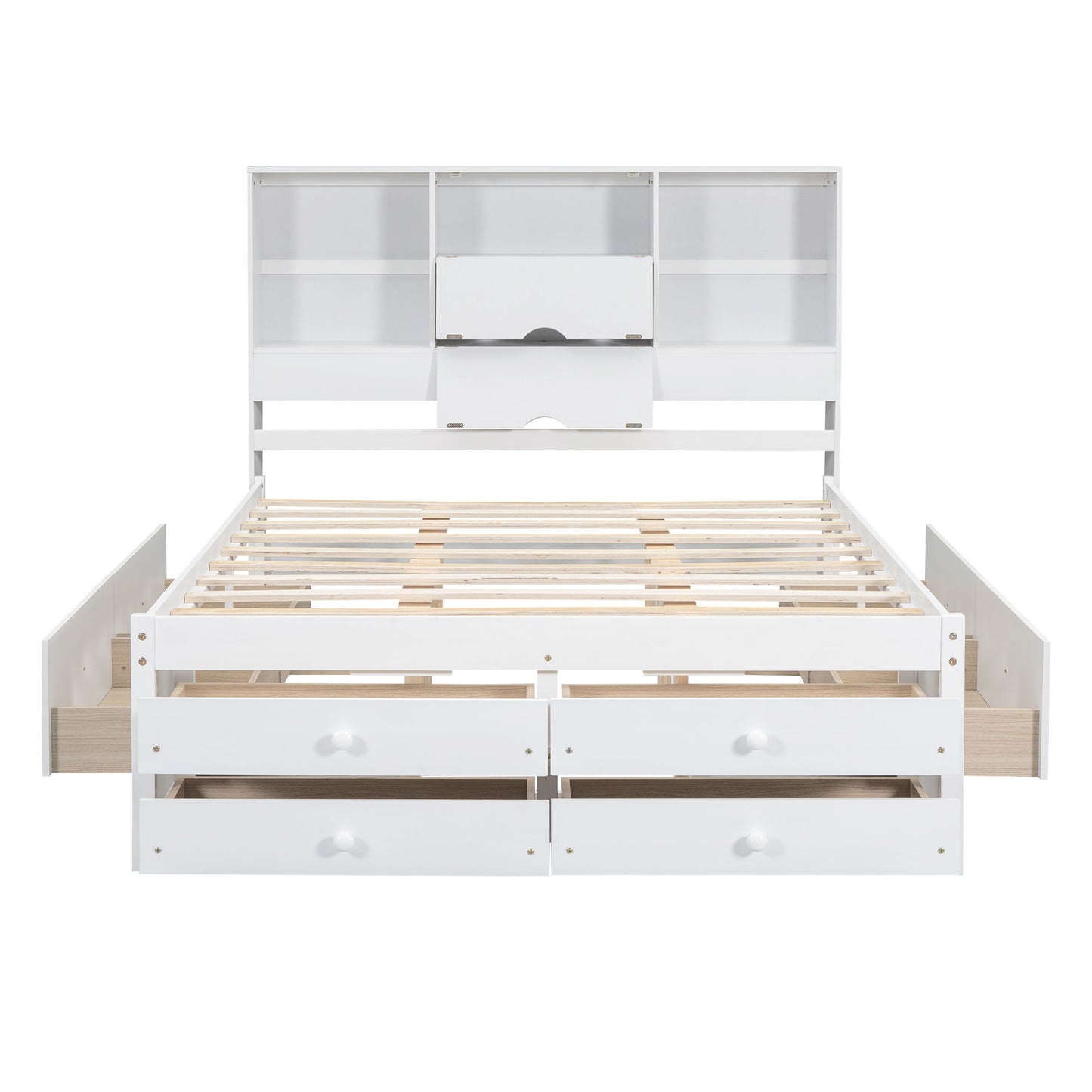 Queen Size Platform Bed With Storage Headboard And 8 Drawers - Gray