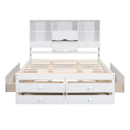 Queen Size Platform Bed With Storage Headboard And 8 Drawers - Gray
